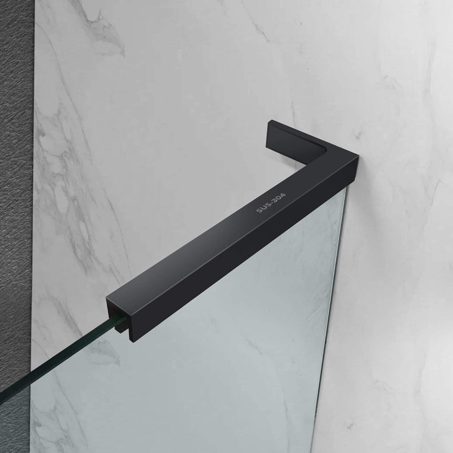 Shower Door Support Bracket, Stainless Steel Stabilizer Brace for 1/4"(6mm) 5/19"(8mm) 1/2"(10mm) Framless Shower Glass Door, 9.45 Inch Long, 3.4 Inch Right Bar, Matte Black (Glass on Right)