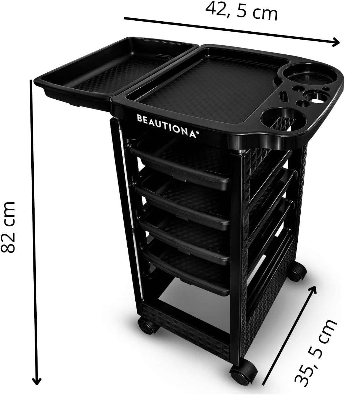 Wózek fryzjerski 5 szuflad – Wózek salonowy z półką i uchwytem na suszarkę – Mobilny kontener na kółkach 42,5 x 35,5 x 82 cm