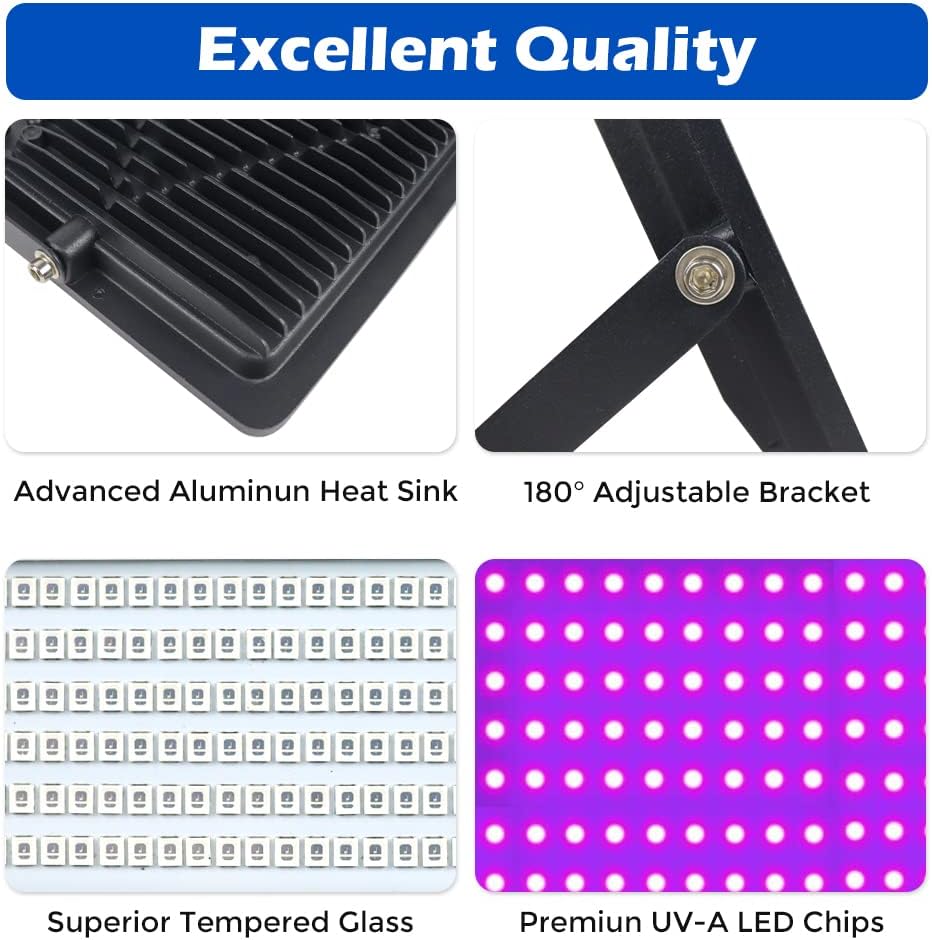 inSharePlus 2 Pack 100W UV Flood Light, IP66 Waterproof Outdoor High Power Black Lights with UL Plug (3.3ft Cable), 395nm-405nm Blacklight for Glow Party, Stage, UV Glue Resin Curing Paint, Collection