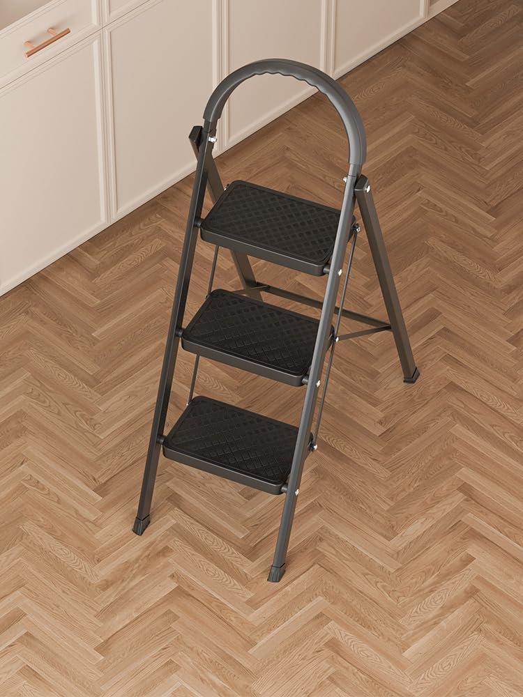 Step Stool 3 Steps Ladder, Foldable Heavy Duty Step Stool 330 lbs, Non-Slip Wide Pedal, Triangle Stability Design, Collapsible Ladder for Home, Kitchen, RV, Office, Indoor Outdoor Use Black