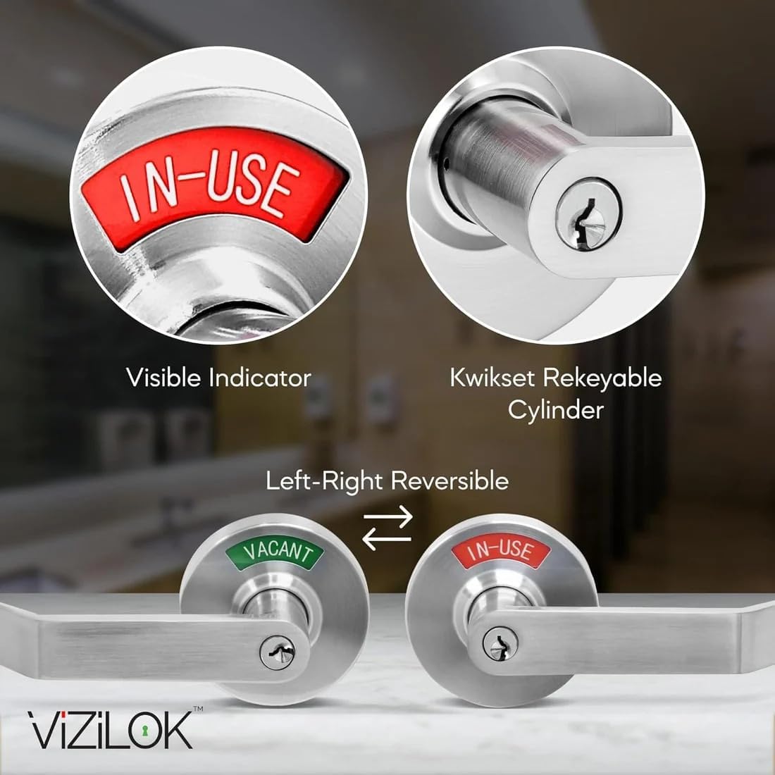VIZILOK Commercial Door Lock for Bathroom Privacy, Heavy-Duty Indicator Lock Keyed in Satin Chrome, ANSi Grade2, Perfect for Restaurants, Medical Offices, Airbnb, Dorms, Gyms, Fitting Rooms