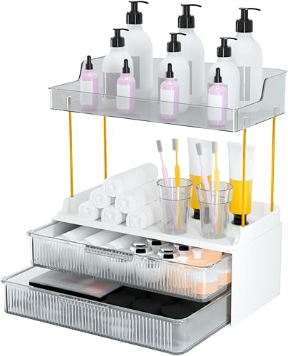 Miniatura 1 de GTI Organizadores de baño de 4 niveles y almacenamiento, organizador de maquillaje grande con 2 cajones y 2 bandejas, organizadores de perfume para