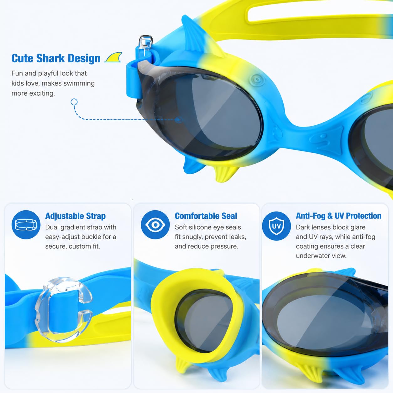 Gafas de Natación Niños con Diseño de Tiburón, Visión Gran Angular 180° HD, Antivaho y Protección UV, Unisex para 3-10 Años