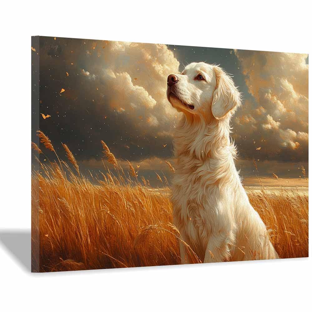 TERUEA Lienzo decorativo para pared de baño con diseño, Diseño Perro Campo Trigo Dorado Cielo Nublado, Decoración para Baño,（Oro-70x100cm1 Enmarcado