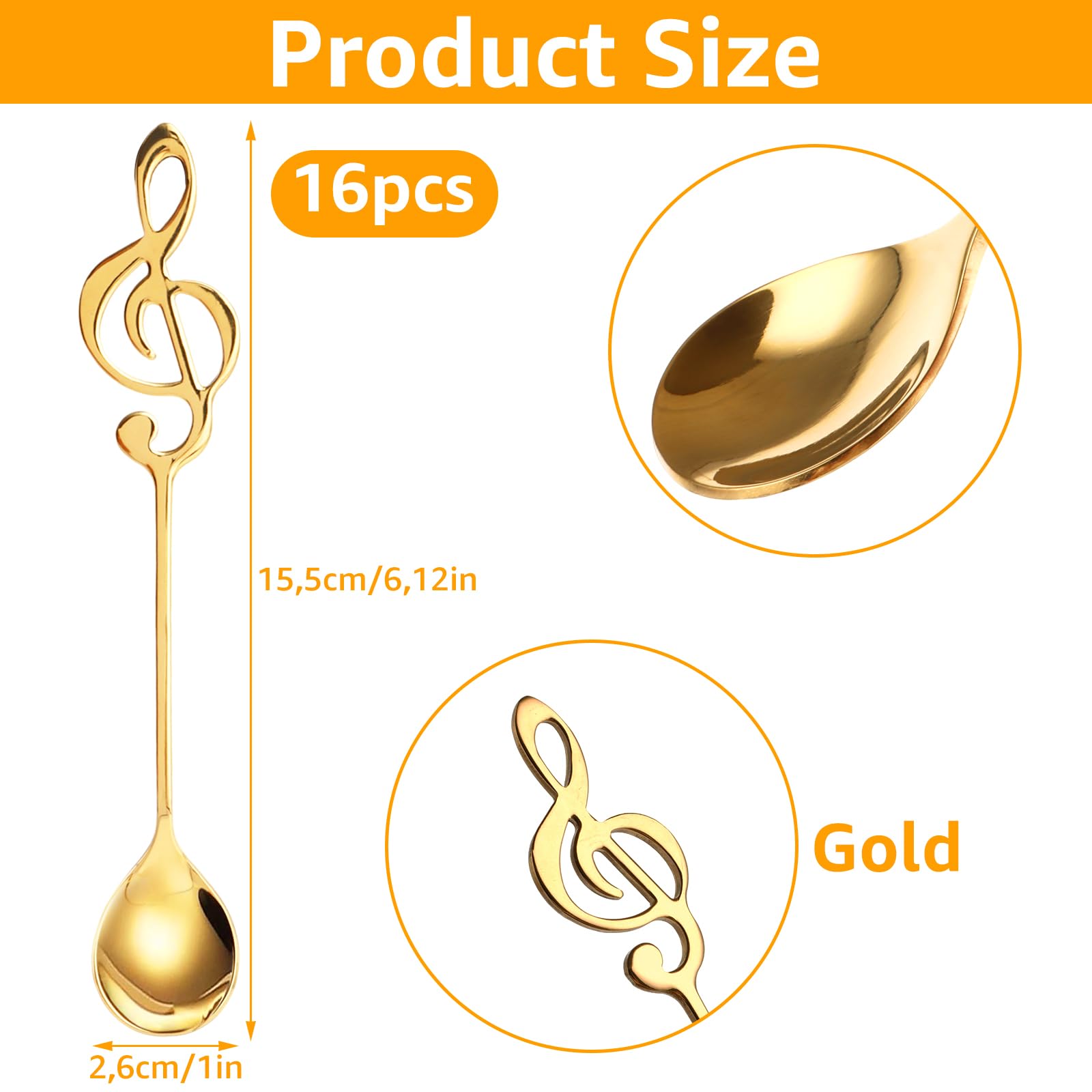MIVIDE 16 Pezzi Cucchiaini da Caffè Note Musicali, Cucchiai da Dessert Oro in Acciaio Inox, Cucchiaini con Note Musicali per Musicisti, Regali, Caffè, Tè, Dessert