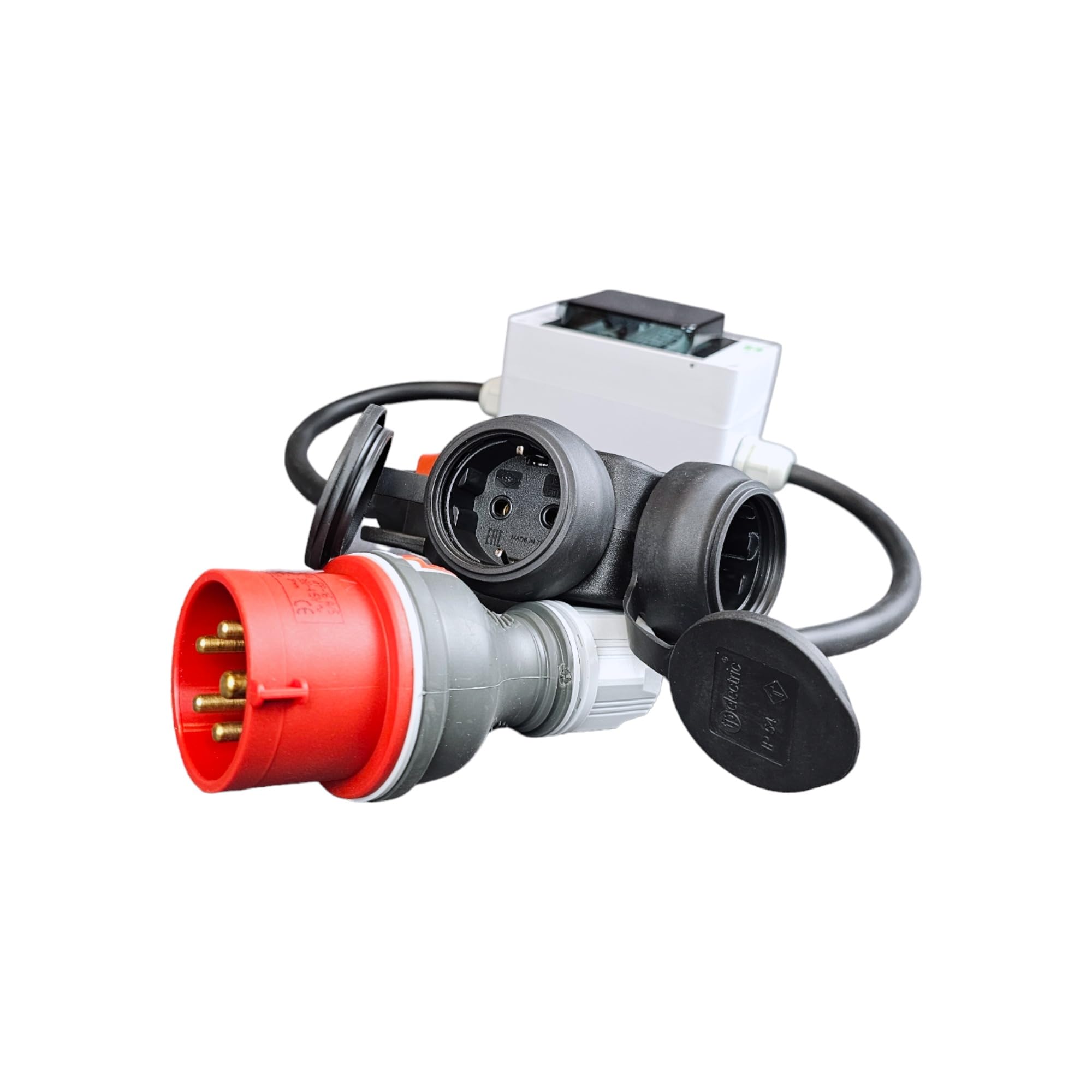 RoadEu - Cordon Adaptateur, Rallonge 1m - Fiche d'alimentation 16A 3P+N+E vers Triple Prise 2P+E 230V, Disjoncteurs C 16A 1P - Câble en Caoutchouc,