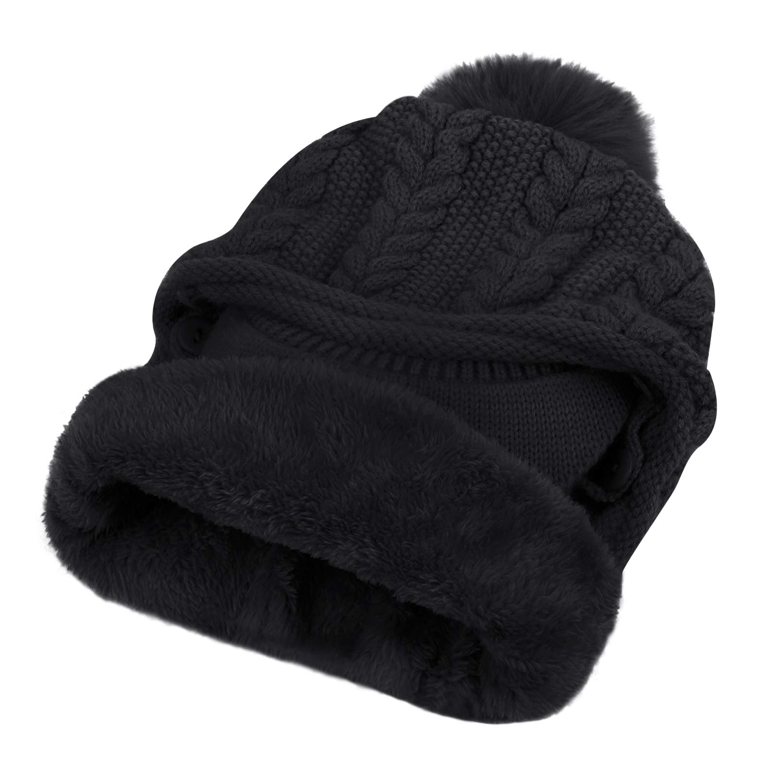 Gorra de protección para los oídos de las mujeres con ala de una pieza Fleece Beanie Sombreros Bufanda Máscara de invierno cálido Sombrero de punto (negro)