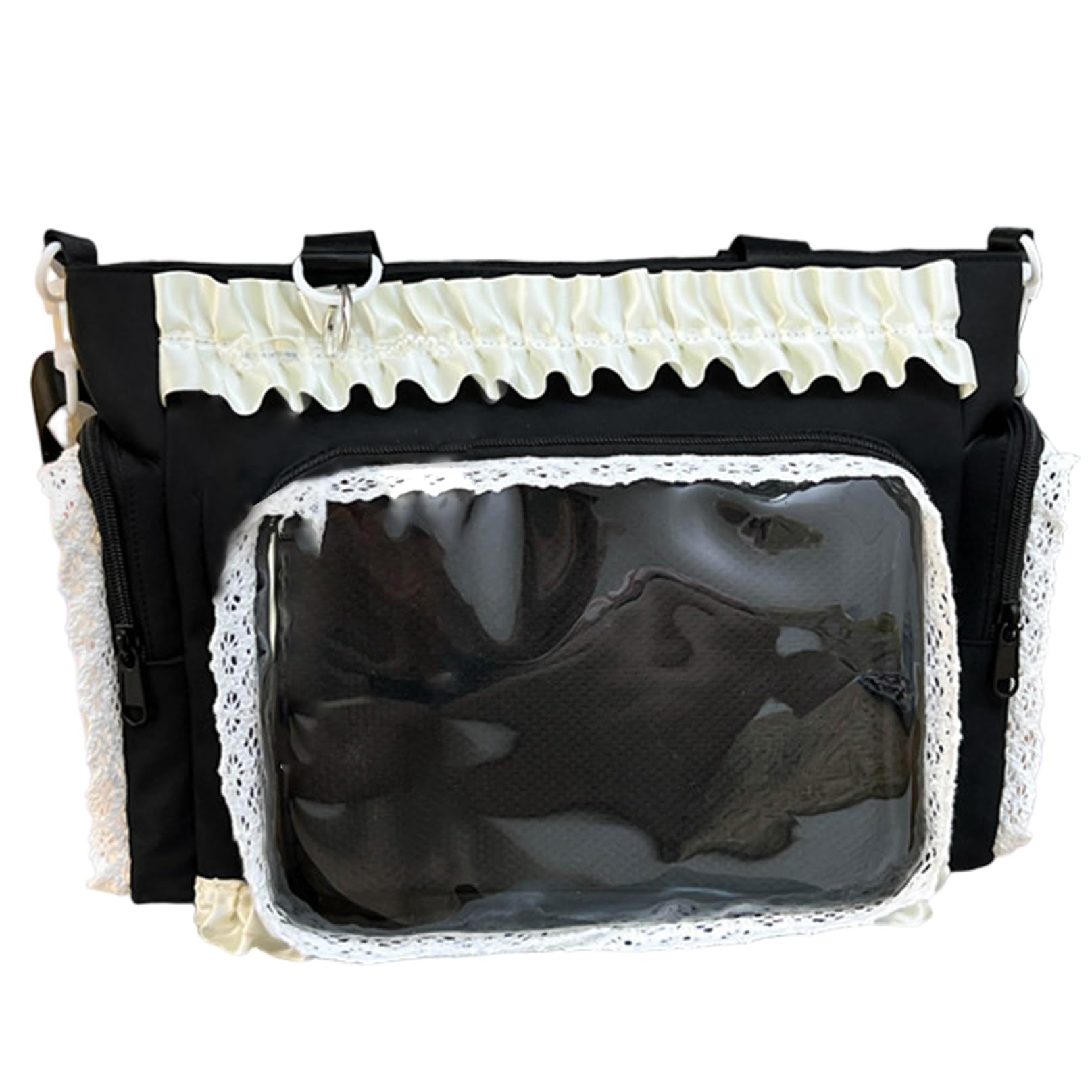 Tsawntd Ita Bag, Kawaii Lace Ruffle Nylon Pin Bag with Side & Front Clear Display Adjustable Straps Y2k Cute Handbag for Girls, Black