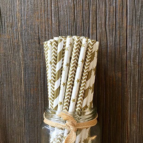 Charmed Gold Star, Chevron, Stripe Paper Straws. 7.75 Inches 75 Pack
