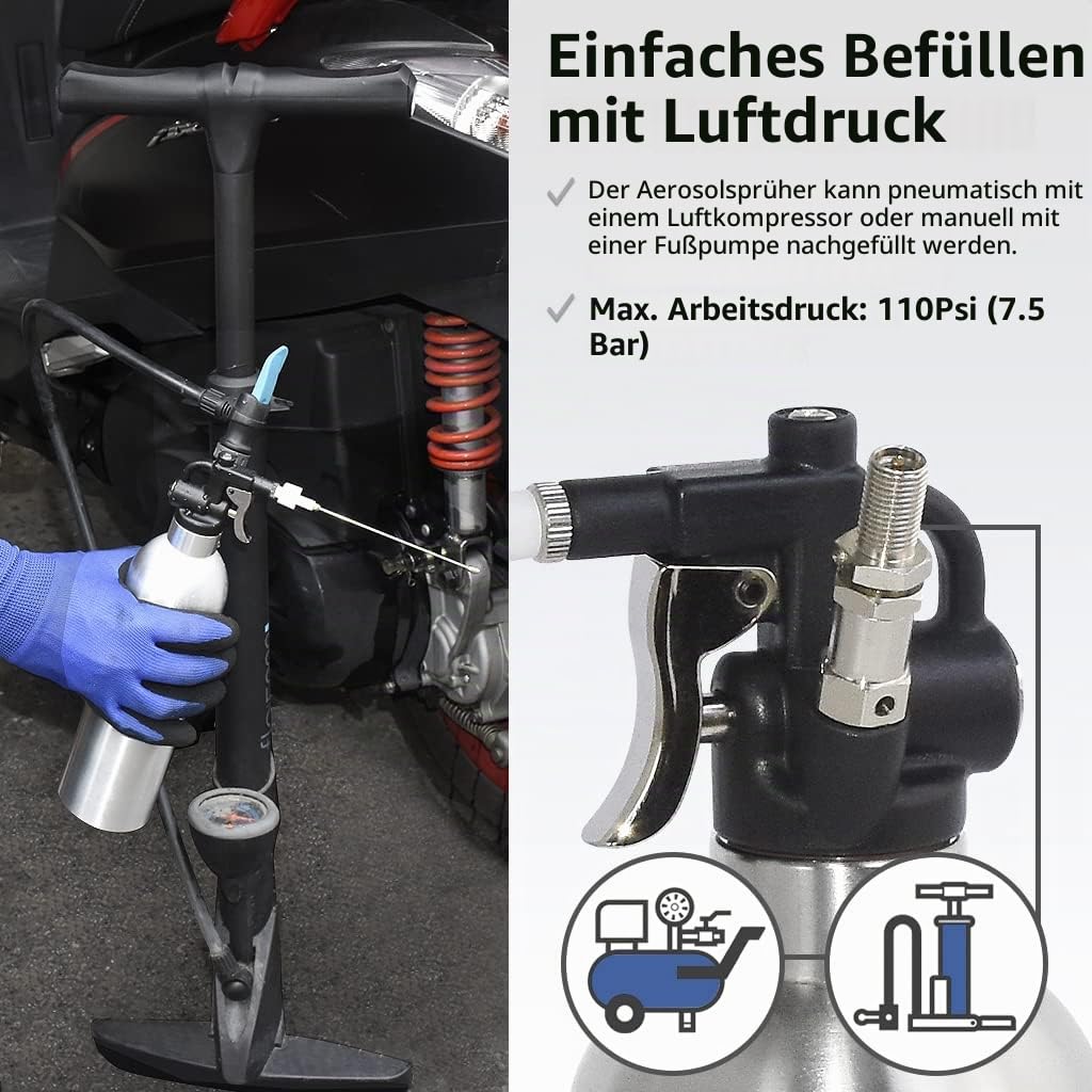 FIRSTINFO A1636 Patentierte Nachfüllbare Bremsenreiniger Sprühflasche, 650 ml Edelstahl Drucksprühgerät, Maximaldruck 110 psi, Wiederverwendbare Aerosoldose, Mit Zwei-Wege-Düse