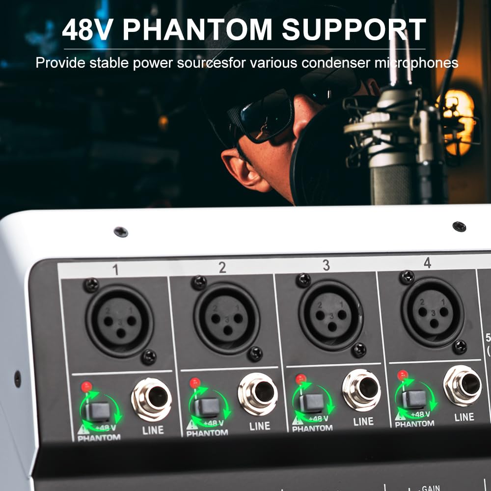 Mikser DJ-ski, MX6 Kanał 99 DSP Mikser efektów Nagrywanie PC 48V Phantom Power USB Miksery dźwięku Bluetooth DJ Konsola Miksowanie