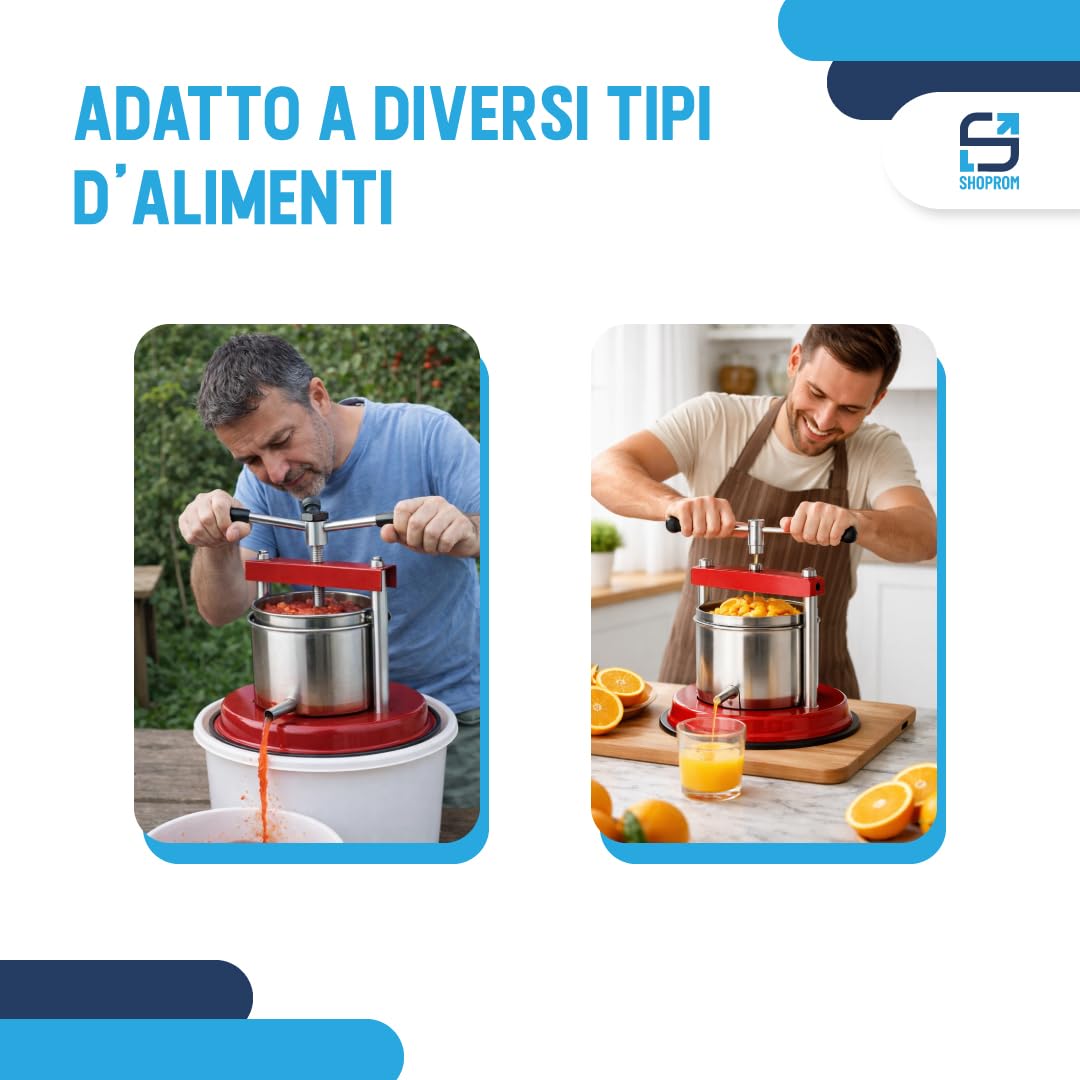 Torchio Manuale 1,5 Litri in Acciaio Inox, Pressa Multiuso per Uva, Frutta e Verdura, Uso Domestico