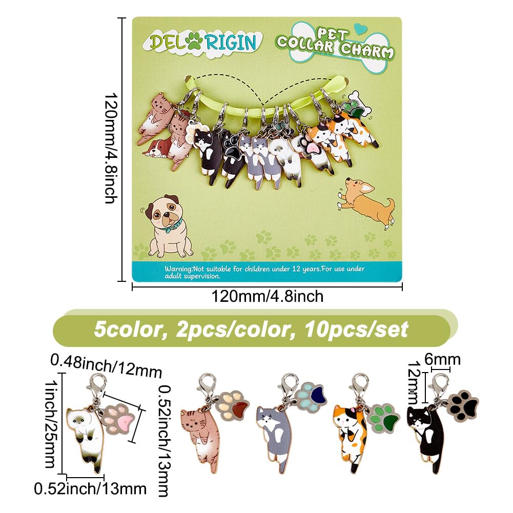 DELORIGIN 10pcs Cute Cat Shape Pet Collar Pendants for Cat Dog Enamel Hanging Charms with Lobster Claw Clasps Kitten Keychains Cat Design Clip-on Charms for Pet Bags Keychains Phones Birthday Decor