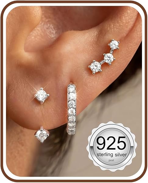 Close-up of the FIASASO 3 Pairs of 925 Sterling Silver Earrings showing the delicate design and gold plating.