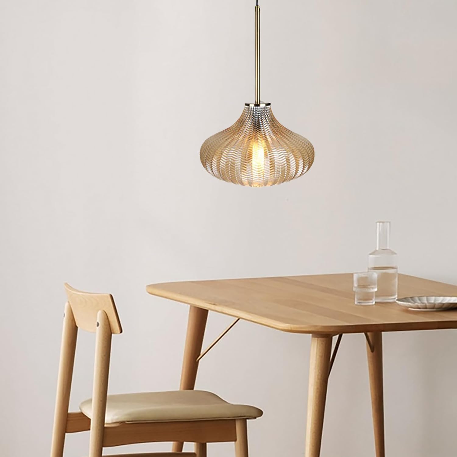 Retro Vintage Amber Glass Pendant Lights Cage Shade with Gold Rod Farmhouse Pendant Hanging Lamp (B)