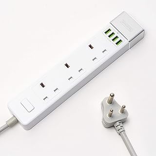 Uk To Zambia Type D 3 Pin Plug Travel Adapter Compact Extension Power Strip India Nepal Sri Lanka 1.5m Lead Cable Safe Moulded Earthed 3 Sockets 4 Usb Ports
