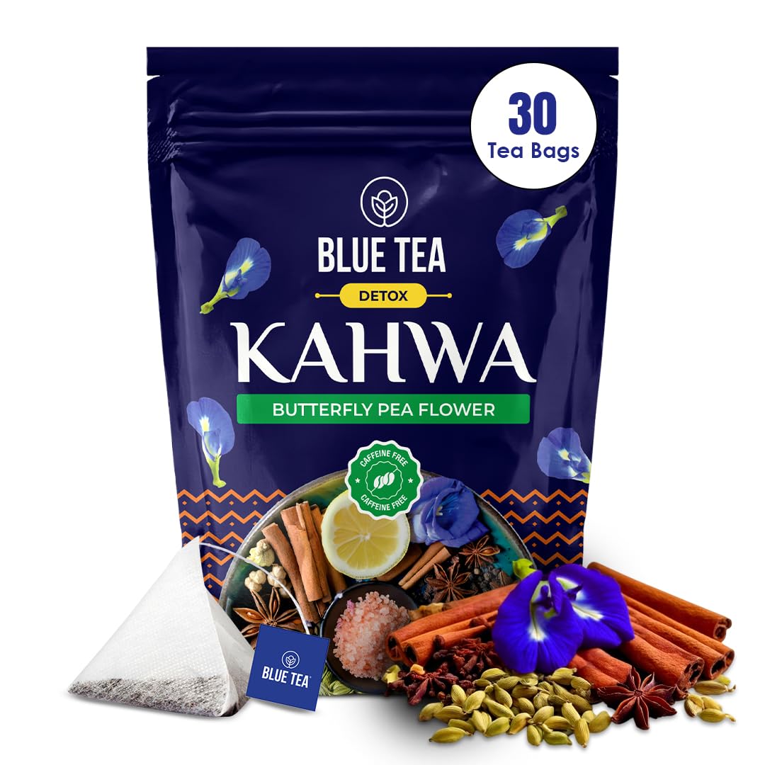 BLUE TEA - Detox Kahwa Butterfly Pea - 30 Tea Bags - Plant Based || DETOX BLEND || Caffeine Free - Improves Immunity - No-Additives - All Natural - Non-GMO - Non-Bitter | Ziplock Packaging