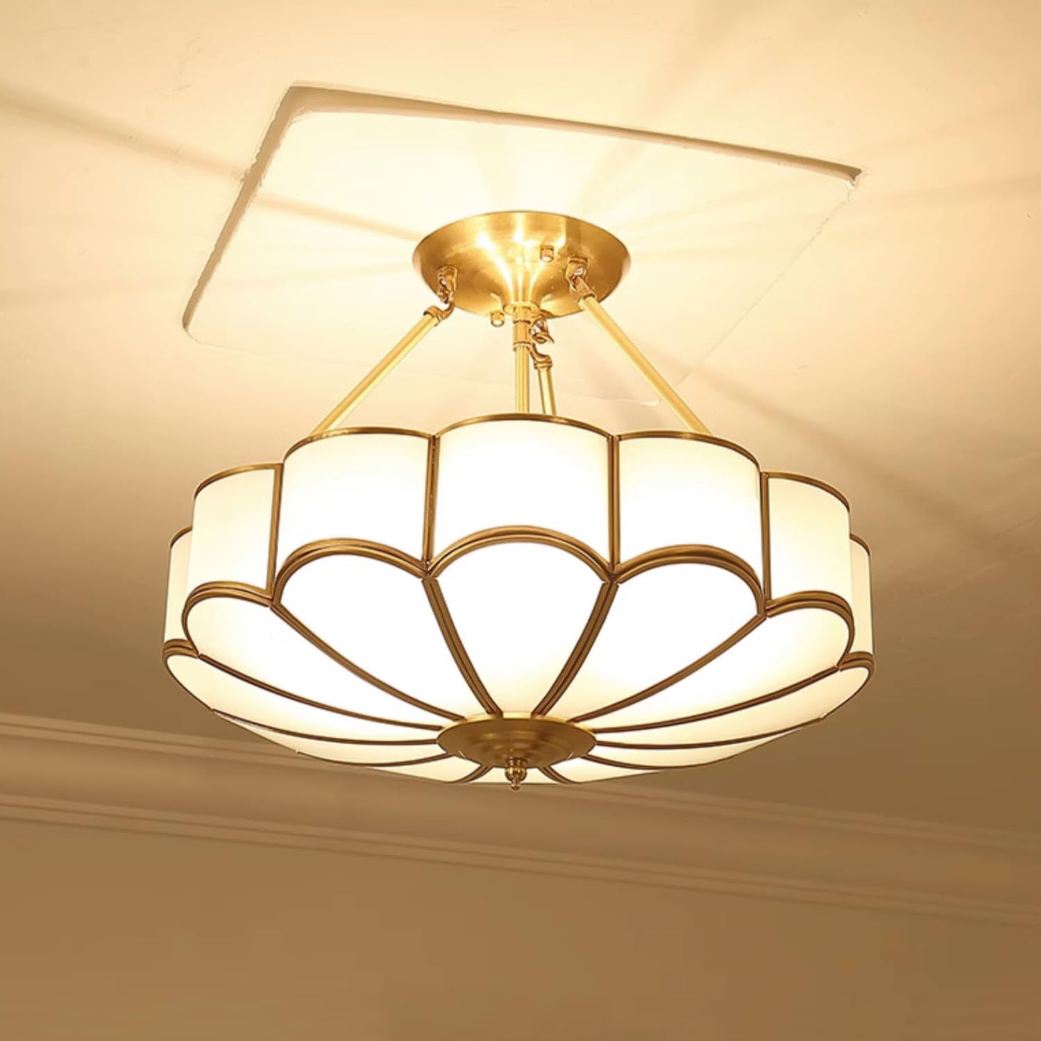 MIXL-17 Inch Brass Semi Flush Mount Ceiling Light,Art Deco Floral Milk Glass Chandelier,Antique Bathroom Light Fixture,Vintage Style Ceiling Lamp for Bedroom Kitchen and Office