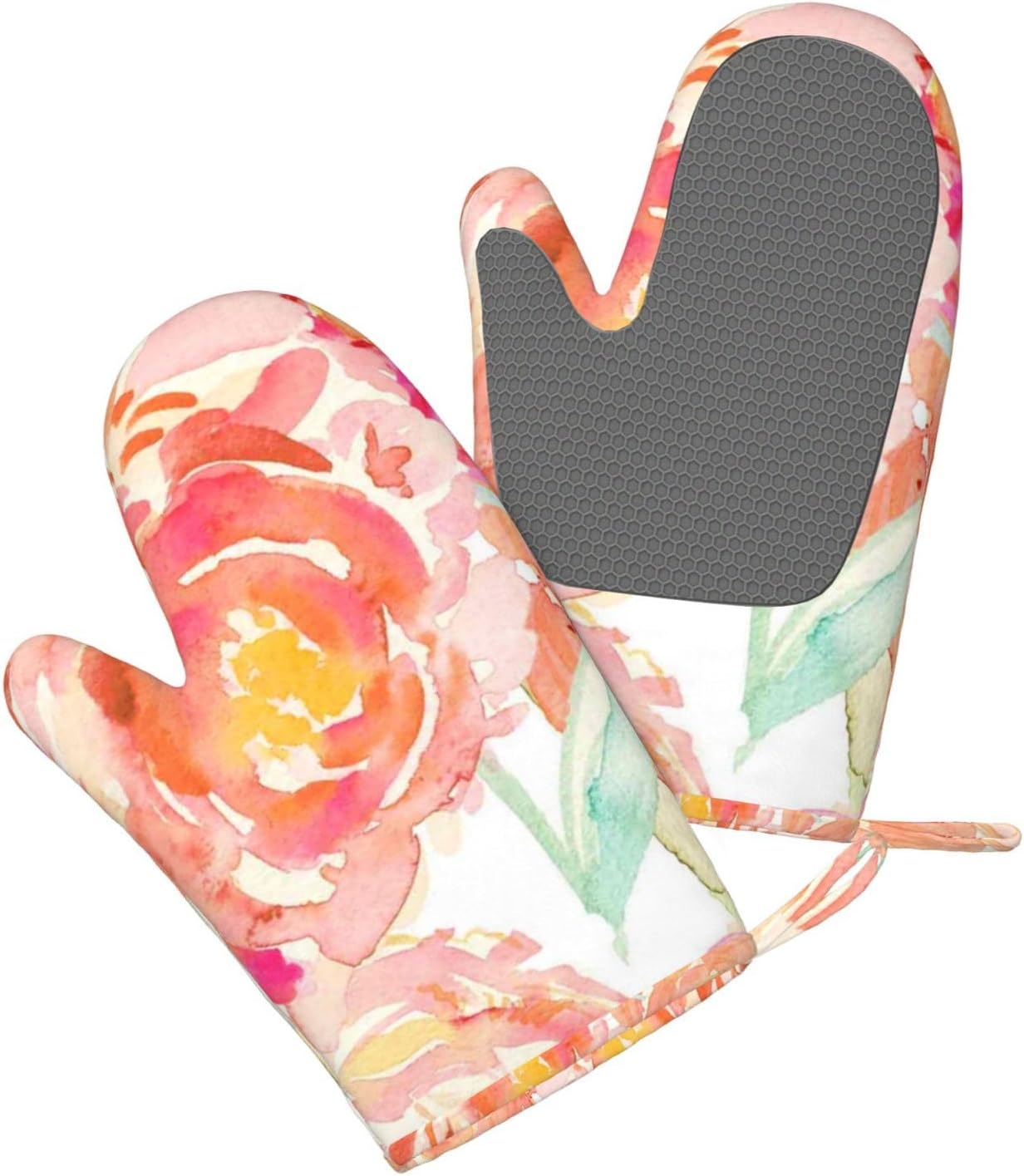 Peach Peony Oven Mitts and Pot Holders Set of 4 Heat Resistant Kitchen Gloves with Silicone Palm Hot Pads for Baking Cooking Grilling BBQ