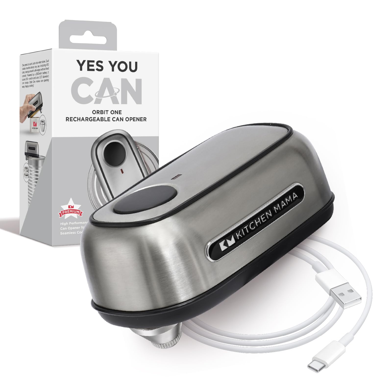 Apriscatole ricaricabile Orbit One di Kitchen Mama: Funzionamento a mani libere, ricarica di tipo C, spegnimento automatico, bordo liscio (acciaio inossidabile)