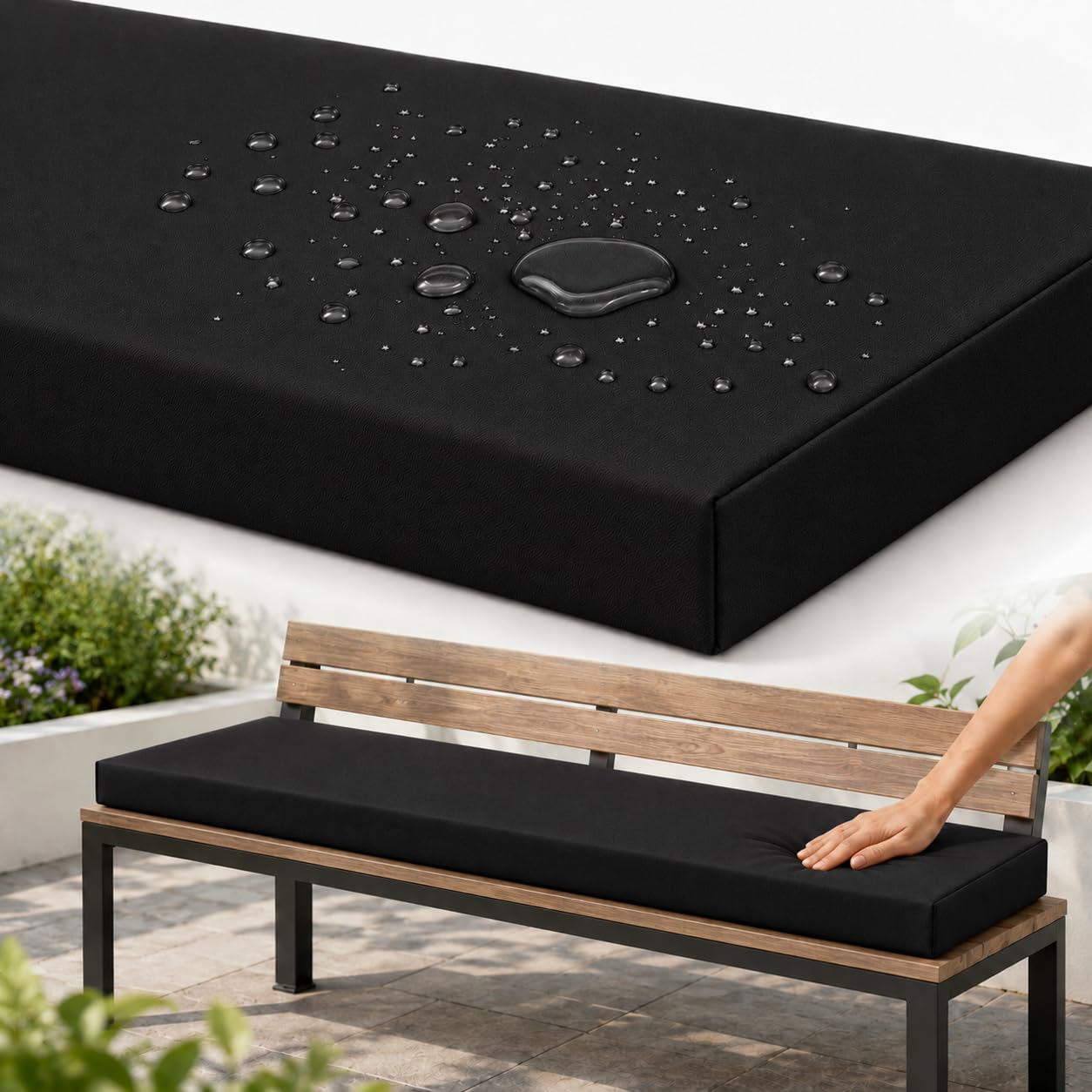 AZMAHT Bench Cushion Outdoor, Garden Bench Cushion with Waterproof Polyester Cover, 50D Foam, Non-Slip Base, 2 Ties, Removable Zip Cover for Patio, Bay Window, Garden Swing,Black,70x40x5cm