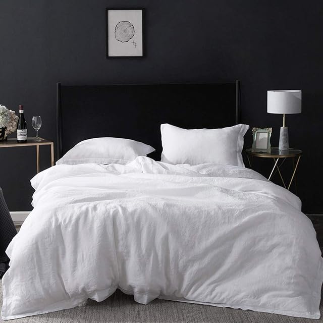 Simple&Opulence 100% Washed Linen Duvet Cover with Embroidered,Queen Size(88"x 92"),3 Pieces Soft Farmhouse Comforter Set with Button Closure,1 Duvet Cover and 2 Pillowshams(Natural White)
