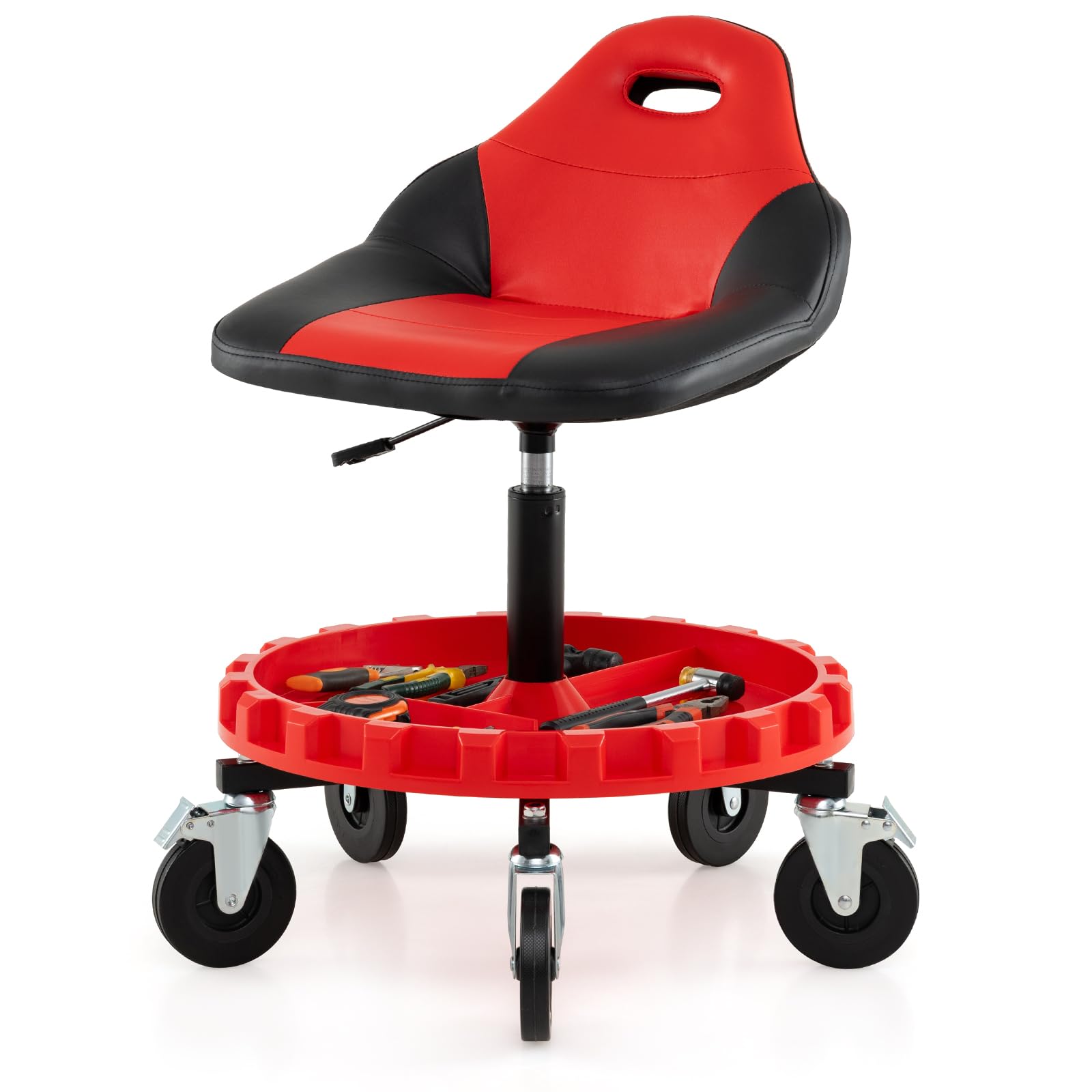 GOPLUS Taburete de Taller Ajustable en Altura, Taburete Mecánico Móvil con 5 Ruedas, Palanca de Ajuste y Asiento Giratorio en 360°, Asiento de Taller con Bandeja de Almacenamiento para Garaje