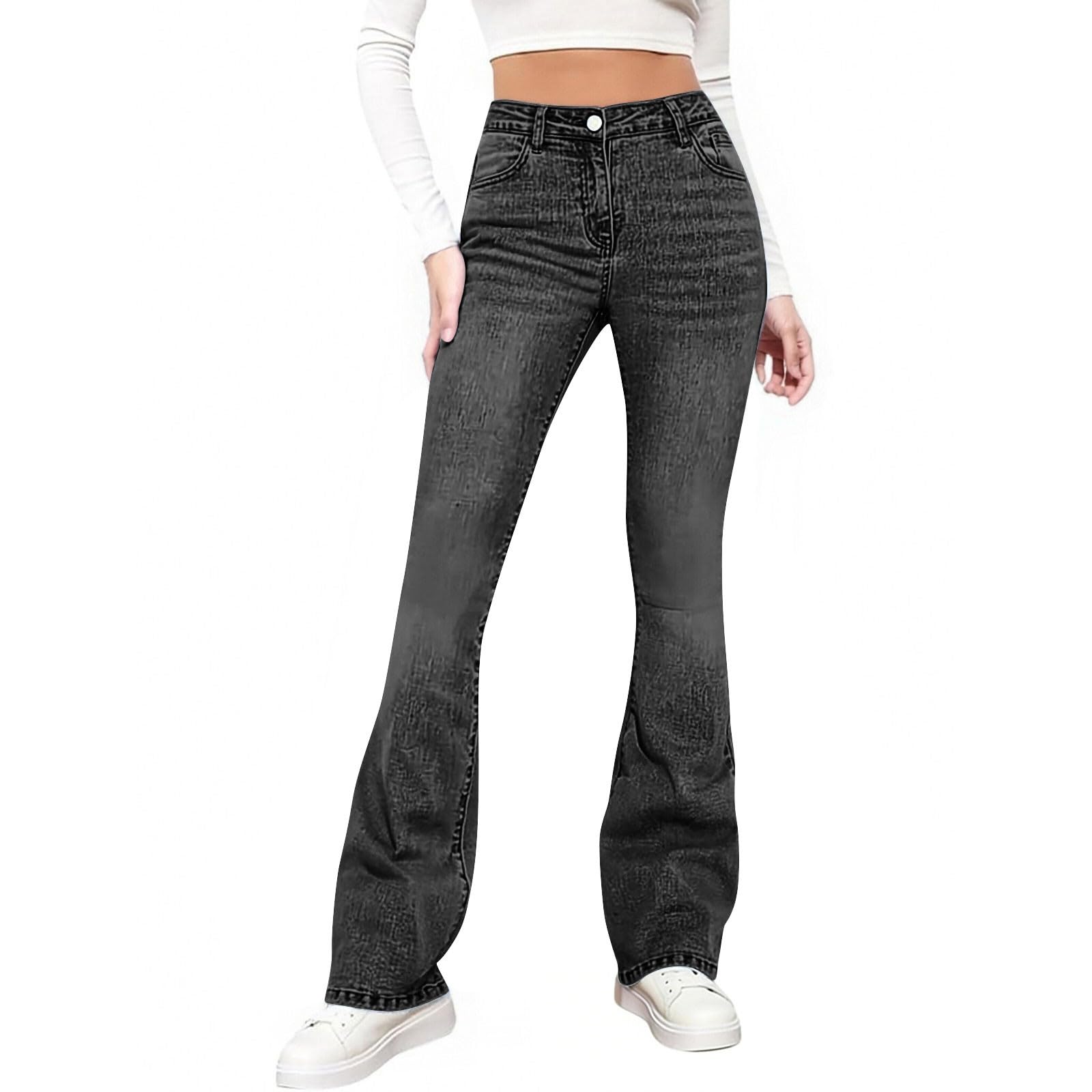 HUYTERTDR Flared Jeans for Women Stretchy High Waist Skinny Denim Trousers Tummy Control Bootcut Pants Casual Denim Jeggings with Pockets Comfort Bootcut Jeans Legging for Women Bell Bottom
