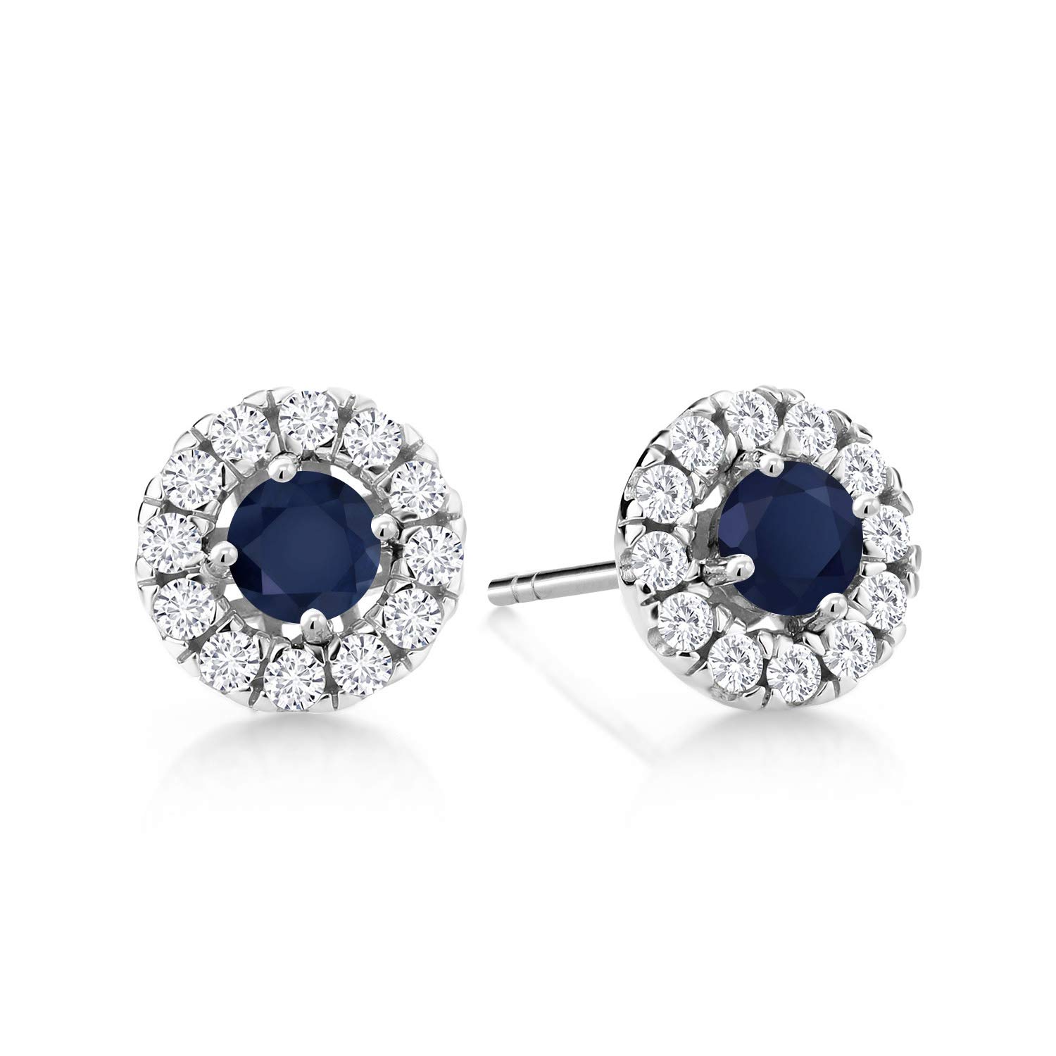 14K White Gold Blue Sapphire and White Lab Grown Diamond Women Halo Stud Earrings (0.79 Cttw, Gemstone Birthstone,Round Cut 3.5MM)