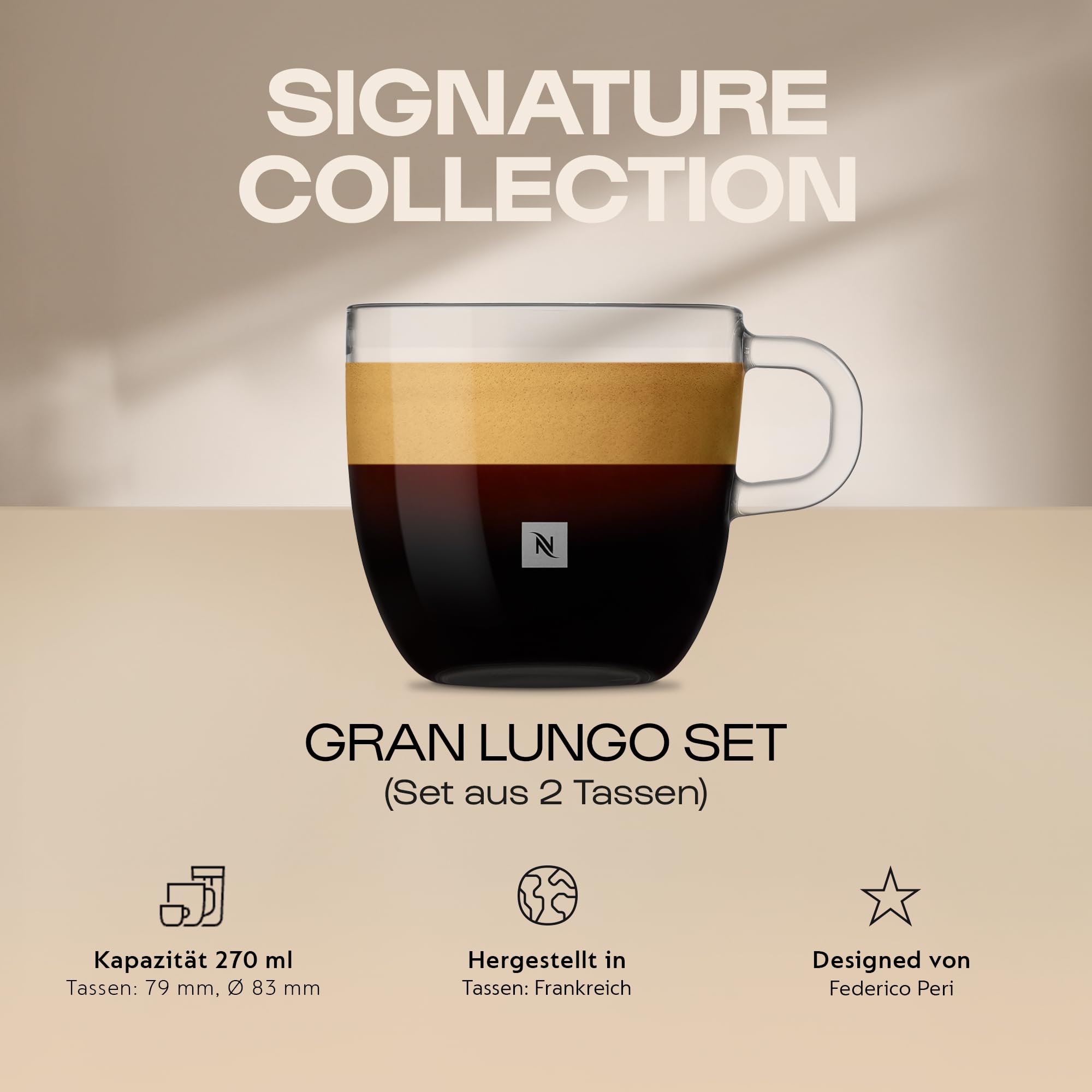 Nespresso Signature Gran Lungo Tassenset, 2 Glastassen (270 ml) | Federico Peri Design, gehärtetes Glas, für heißen und kalten Kaffee sowie Tee