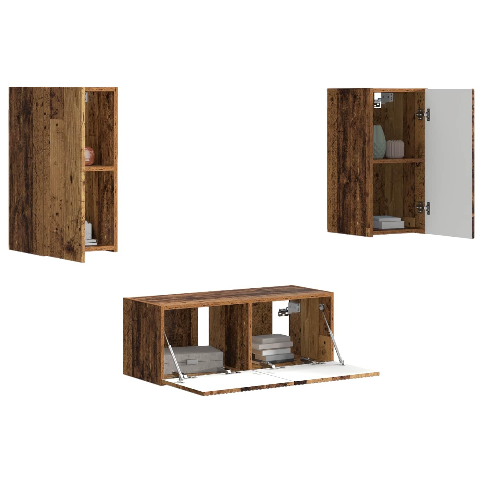 TV-Schrankset Wandmontiert, 6-teilig, Altholz, Holzwerkstoff, Modernes Media Center mit Stauraum, für Wohnzimmer, Schlafzimmer, 98 x 31 x 29,5 cm