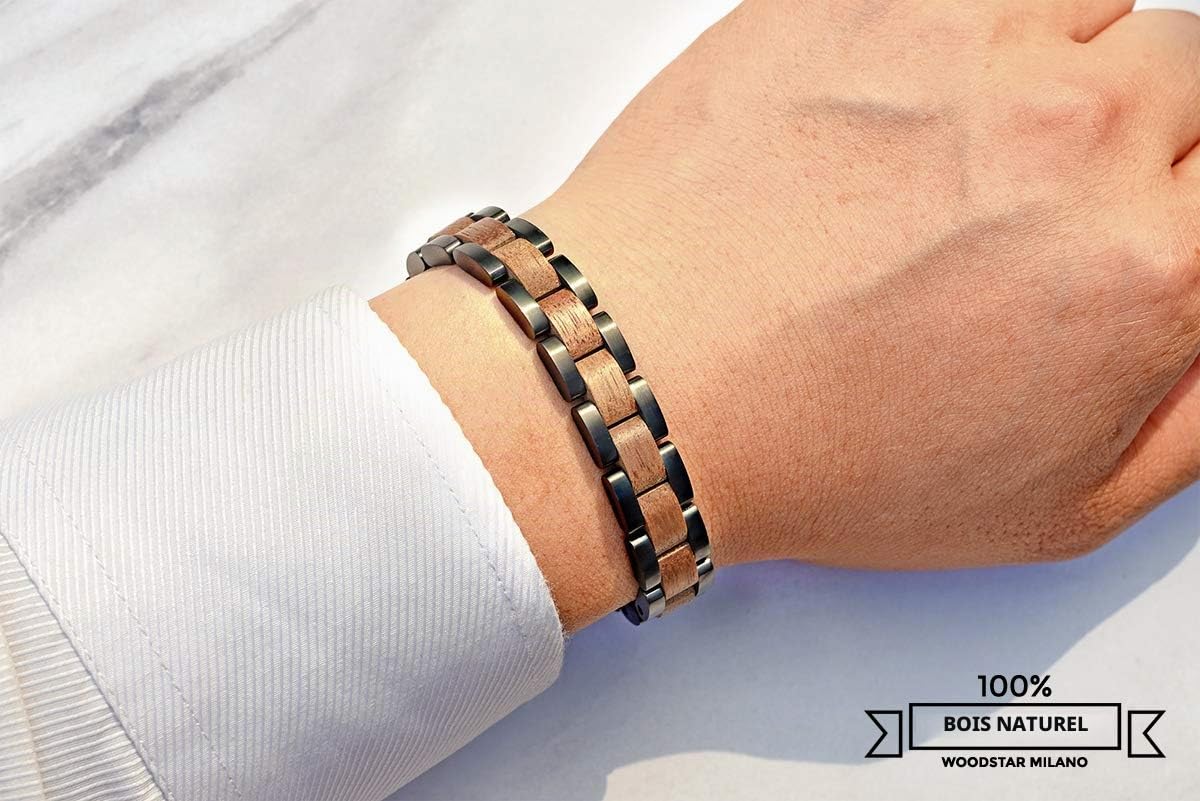 WOODSTAR (SILVER DARK CROCODILE) Bracelet pour Homme en Acier et Bois, Bijoux Écologiques Naturels Réglable B19-001