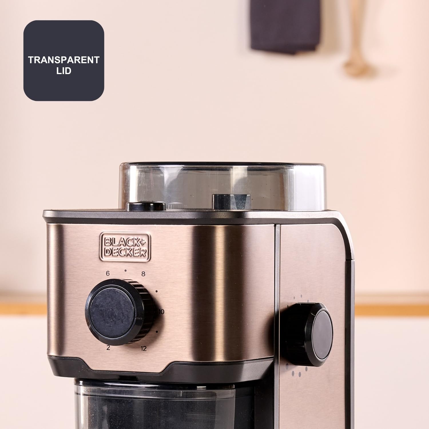 Black+Decker - Elektryczny młynek do kawy BXCG151E | 200g Zbiornik | 14 poziomów mielenia | Pojemność 12 filiżanek | Konstrukcja ze stali zapobiegającej odciskom palców | Świeża i aromatyczna kawa |