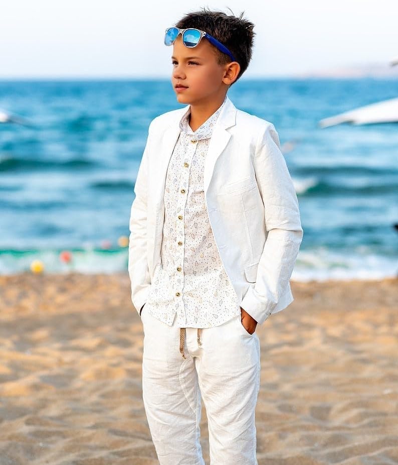 Miniatura 3 de Traje de lino de 2 piezas para niños, ajuste delgado, chaqueta casual y pantalones para verano, playa, boda