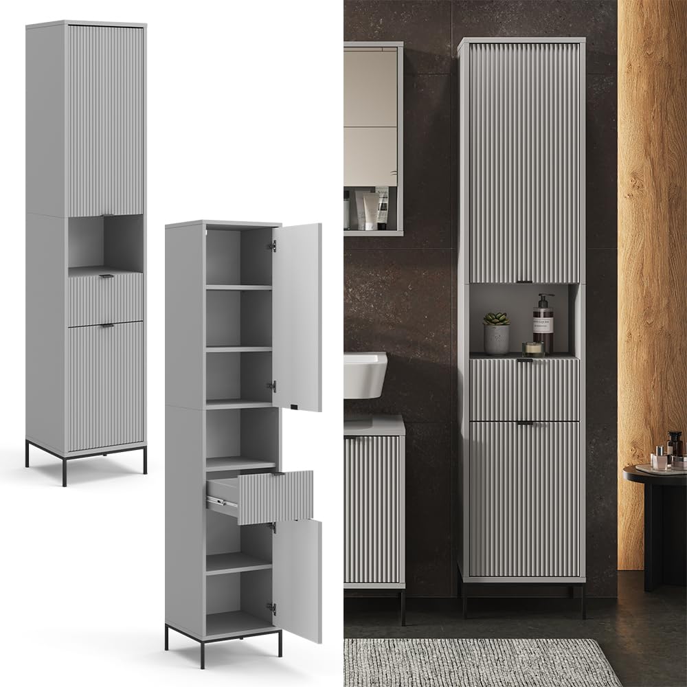 Vicco Badschrank Eliza, Grau, 40 x 190 cm | mit Türen, und Schublade, zur Aufbewahrung von Badutensilien und kombinierbar mit Eliza-Reihe