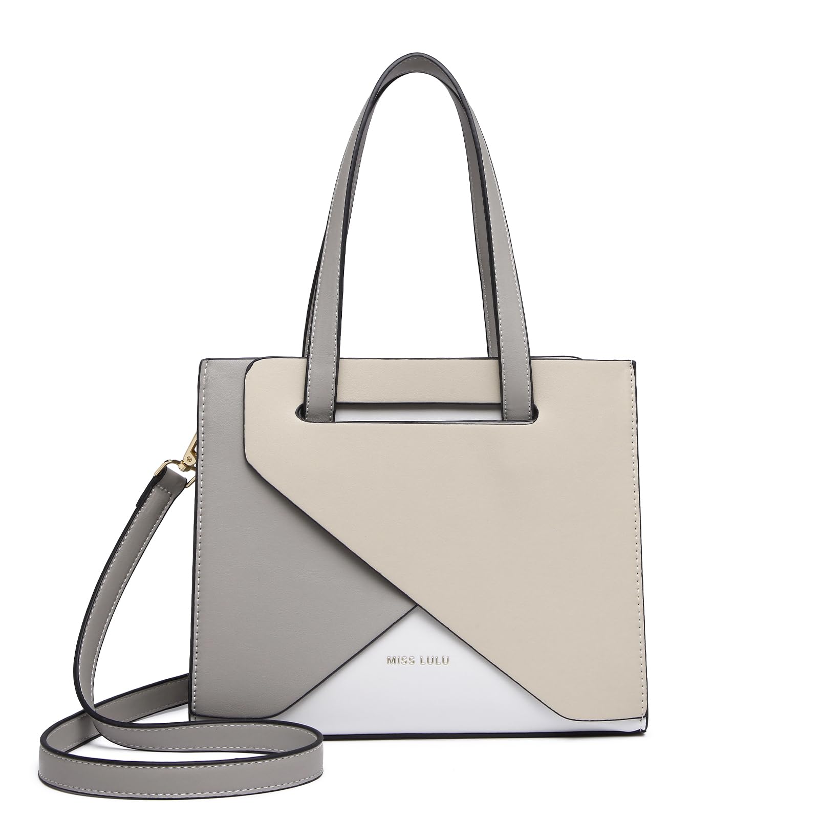 Miss Lulu Women's Handbag Handbag PU Leather Shoulder Bag with Adjustable Strap, Top Handle for Everyday Fashion Work Medium, Grey and beige, Einheitsgröße