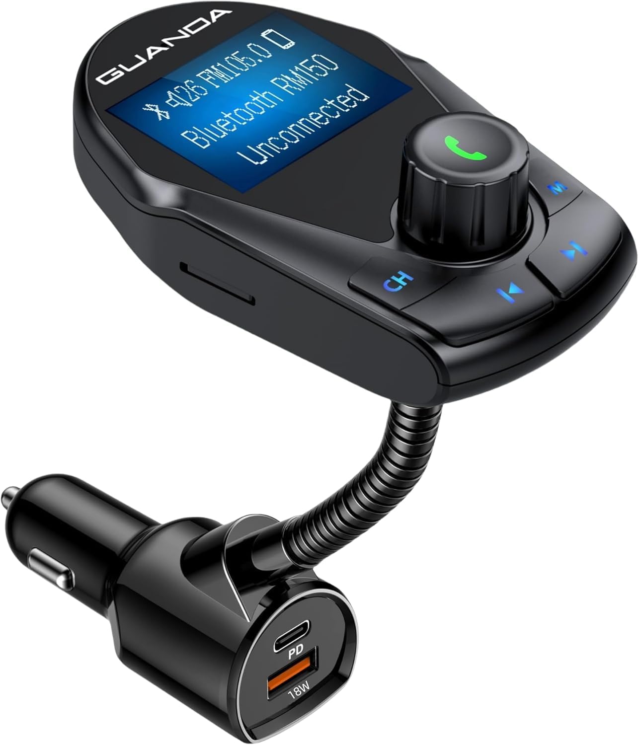 Bluetooth FM Transmitter for Car, 1.44" Display, 18W Fast Charge, PD Charge