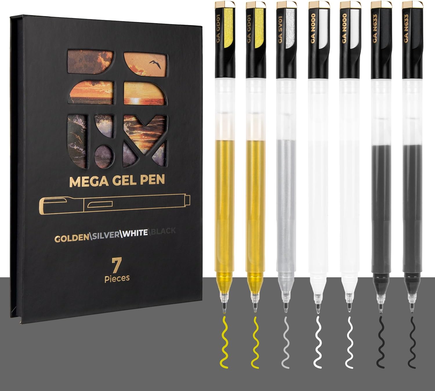 7 Extra-Large Capacity Black Gold Silver White Gel Pens,Fine Point Opaque Archival Gel Ink Pen Writing Set for Art Highlight, Professionals, Artists & Daily Use, Card Making & DIY Projects