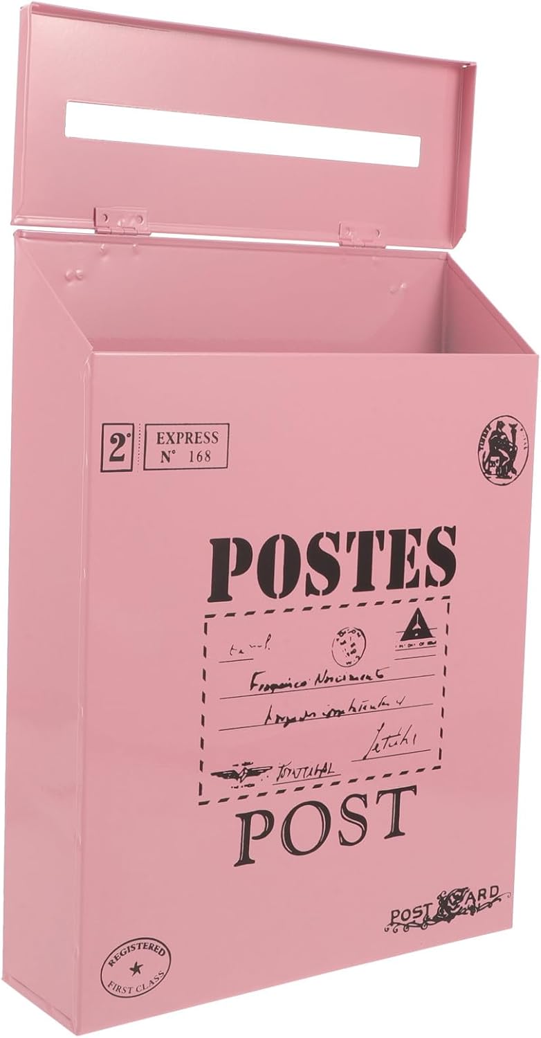 Vintage Iron Mailbox Wall Mount with Lock, Retro Style Hanging Outdoor Home Mail Organizer, Pink Letter Box for Garden and Porch Use