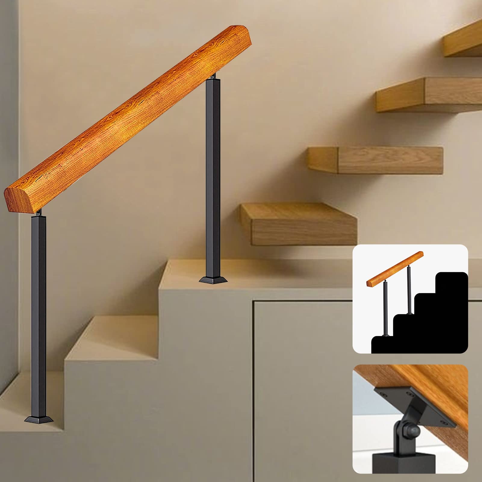 Rampe d'escalier extérieure antidérapante en bois pour sécuriser 1 ou 2 marches de jardin