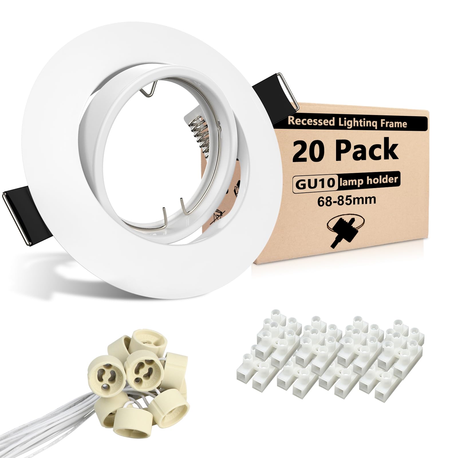 Wondlumi Recessed Ceiling Spotlights 20 Pack Round White Downlight Fittings 30°Tilt Swivel Mounted Frame Trim Rings with GU10 Lamp Holders 240V