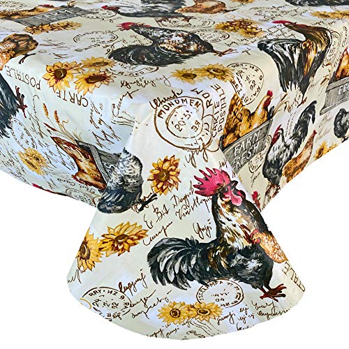 Newbridge Farm Fresh French Barnyard Rooster Vinyl Flannel Backed Tablecloth, French Farm Rooster Easy Care Vinyl Tablecloth With Flannel Backing, 60” X 84” Oblong/Rectangle #TOP24