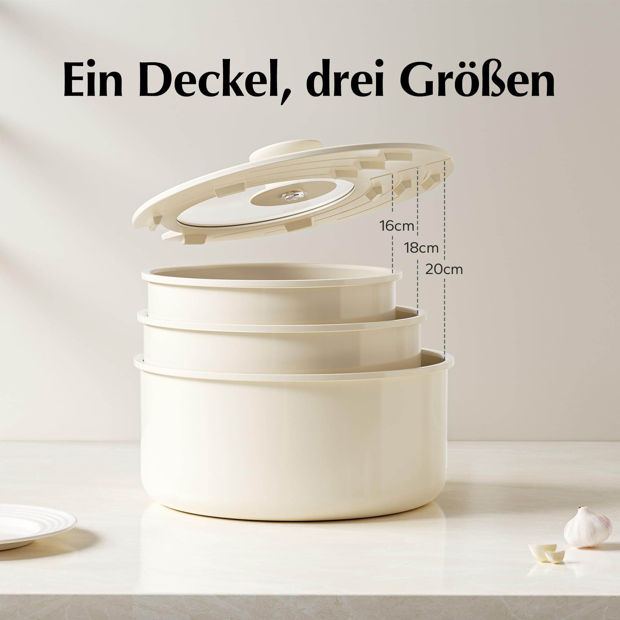 Redchef Töpfe Set mit Abnehmbaren Griffen, Antihaft Keramik Topfset 16/18/20cm und 3-IN-1 Verschlussdeckel, Kochtöpfe Induktions für Alle Herdarten, Ofenfest
