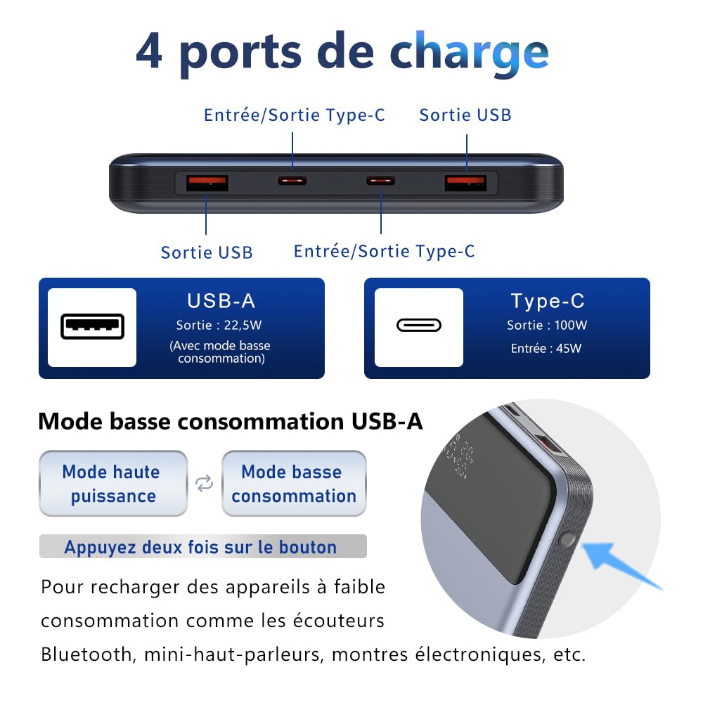 Batterie Externe 30000mAh 111Wh|USB-A&USB-C entrée/Sortie|Charge Rapide PD 110W|4 appareils simultanés|Écran LCD|Compatible iOS,Smartphone,Tablette,Console,Montre|Voyage Urgence,Noir