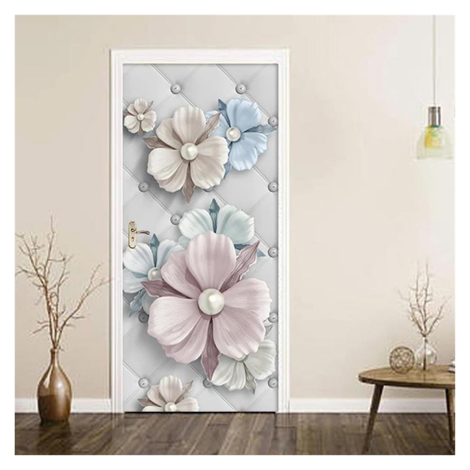 Autocollants de porte 3D perles et fleurs pour illuminer votre décoration de salon