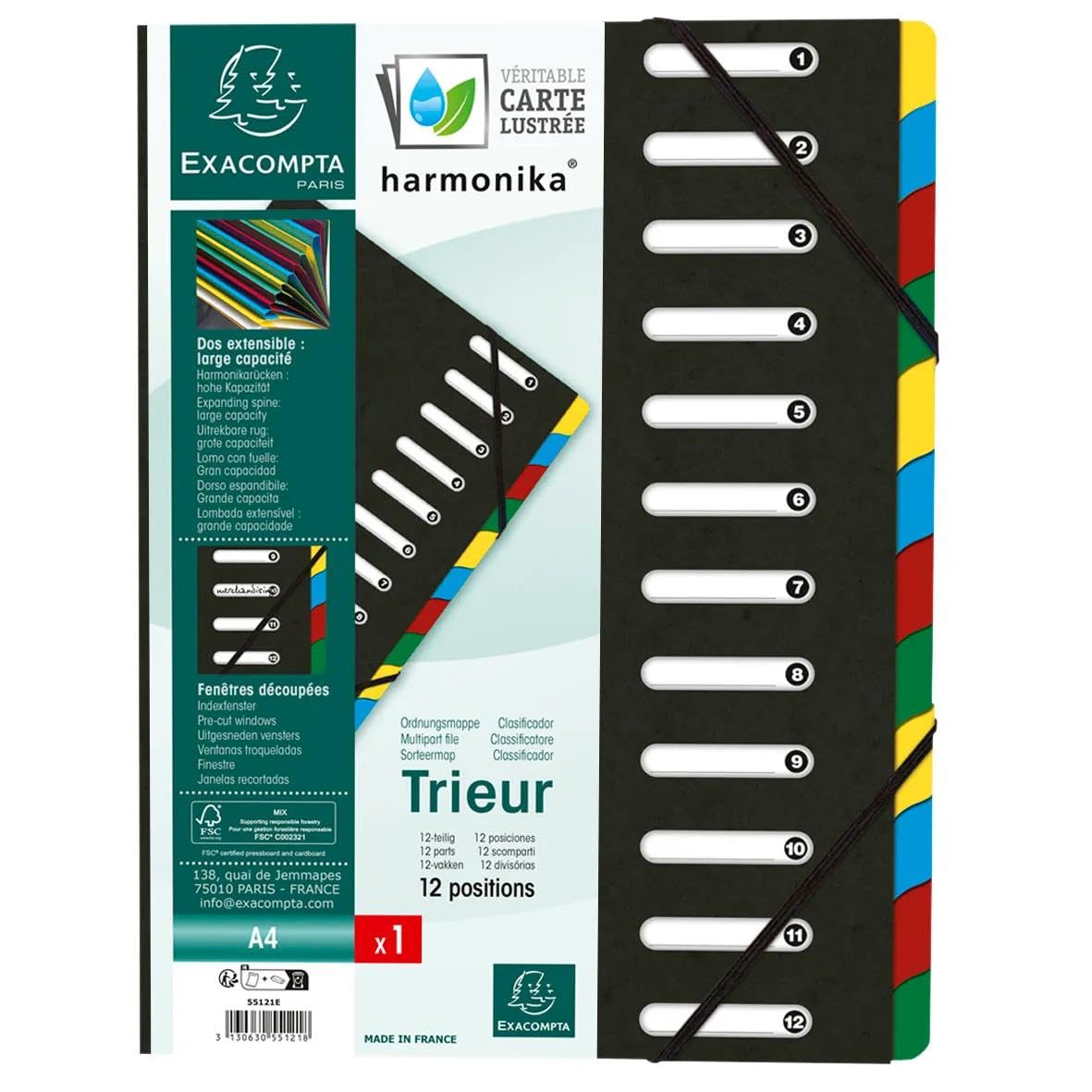 Exacompta - Nr ref. 55121E - Karton 6 sortowników HARMONIKA - z gumkami i wyciętymi oknami - błyszcząca okładka z karty - wysuwany tył - 12 przegródek - do A4 - wymiary 24,5 x 32 cm - czarny