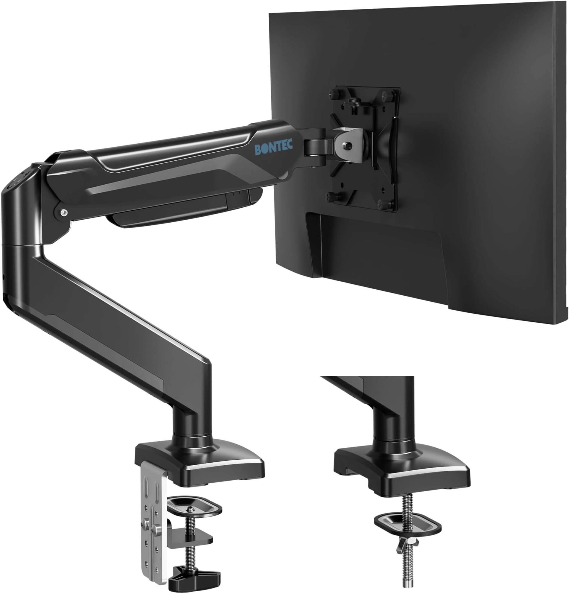 BONTEC モニターアーム ガススプリング シングル デスクスタンド PC/液晶ディスプレイ アーム 最大耐荷重9kg VESA 75/100mm フルモーション(チルト・スイベル・360°回転) デスク省スペース 簡単取り付け Cクランプ/グロメット付属 (13~32インチ|1画面)