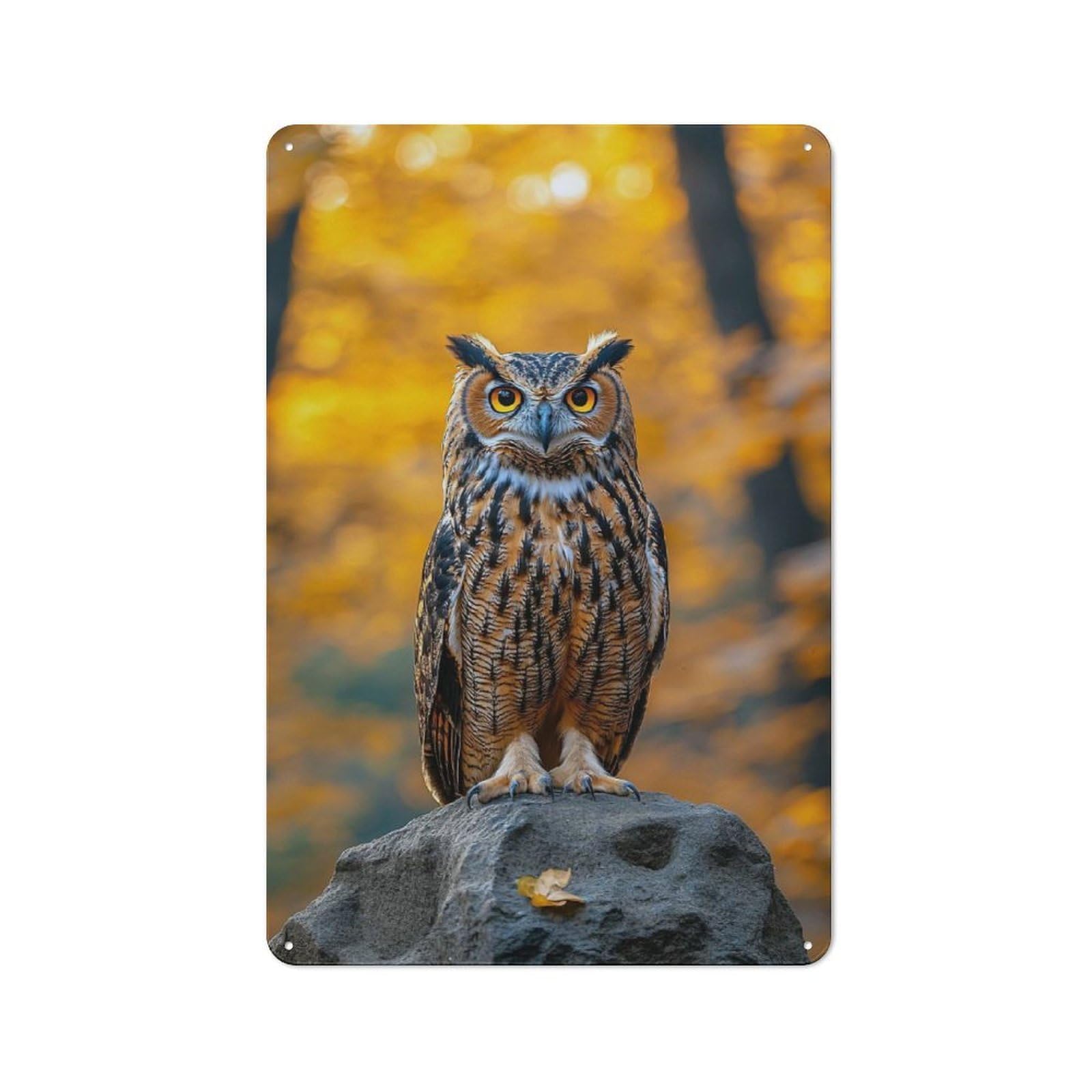 Owl Perched on Rock in Autumn Workshop Style Metal Wall Decor 30x20cm, Decorative Metal Plaque for Garage, Workshop, Shed Or Utility Room