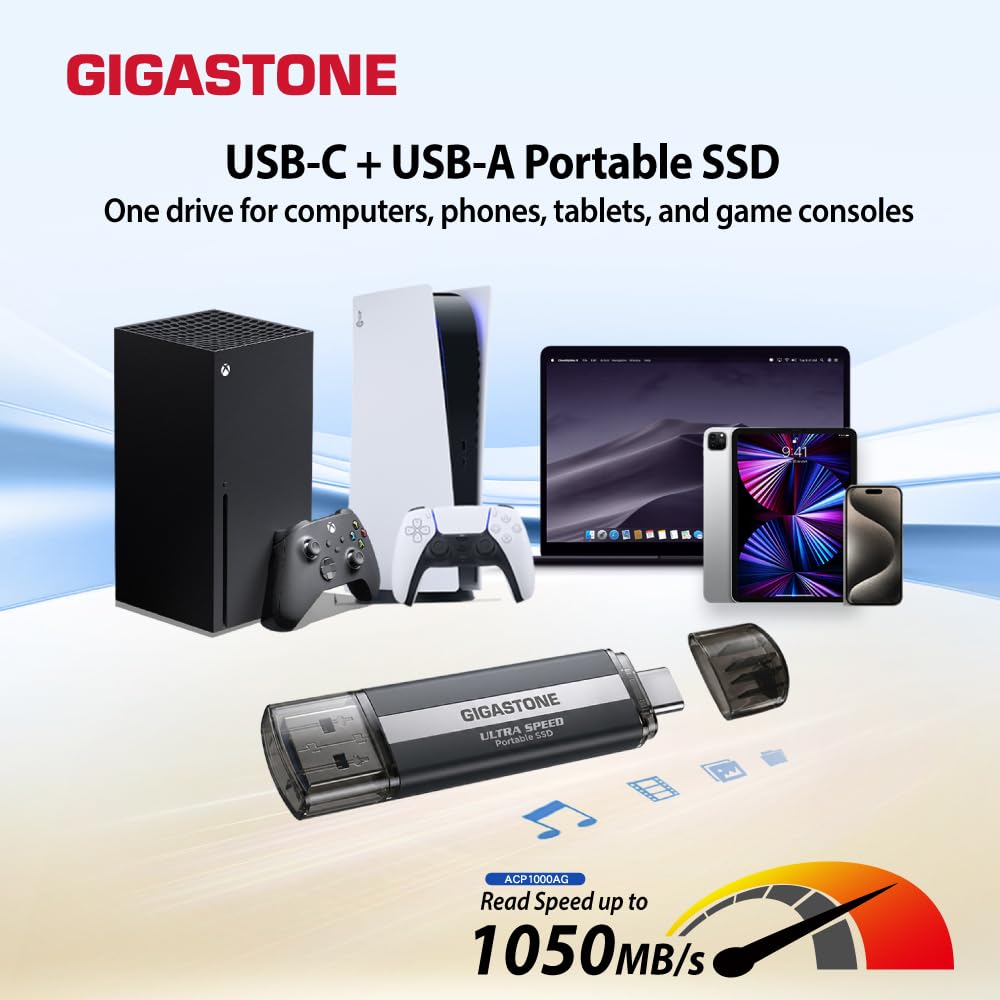 Gigastone SSD Esterno USB-C 1 TB PS5 iPhone 15 USB 3.2 Gen2 1050 MB/s Tipo-A + Tipo-C Unit? SSD Portatile per MacBook iPad Playstation Xbox SSD da Gioco Disco Rigido di Backup