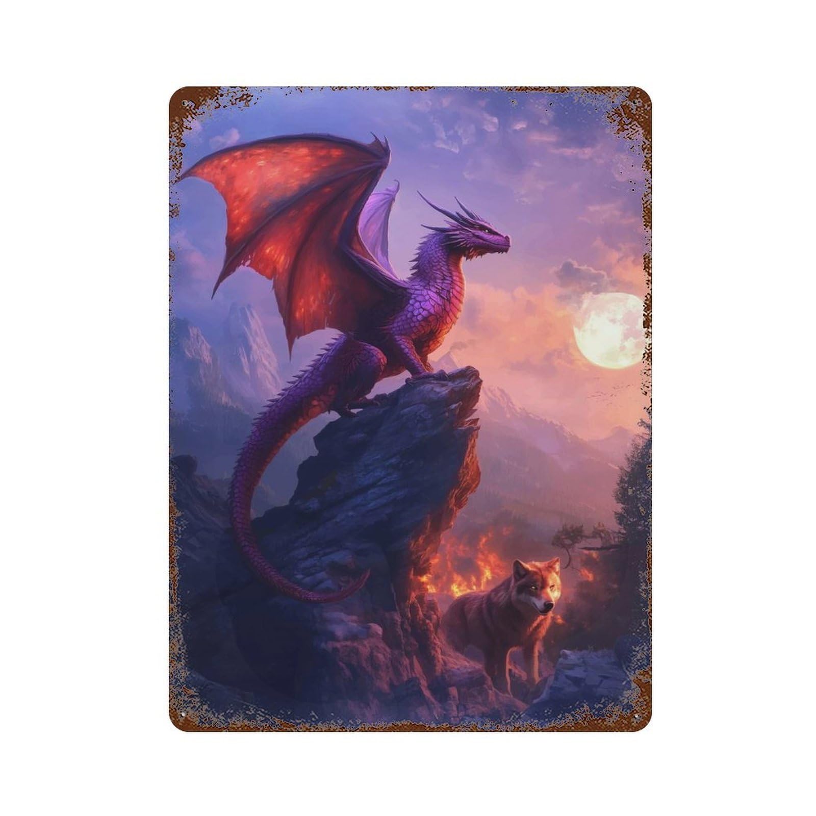 Dragon And Wolf 15.7"x11.8" Aged Metal Wall Plaque, Novelty Wall Decor for Garage, Bar And Workshop Decor